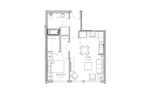 Floor plan for 1 bed, 1 bath, 620 sqft